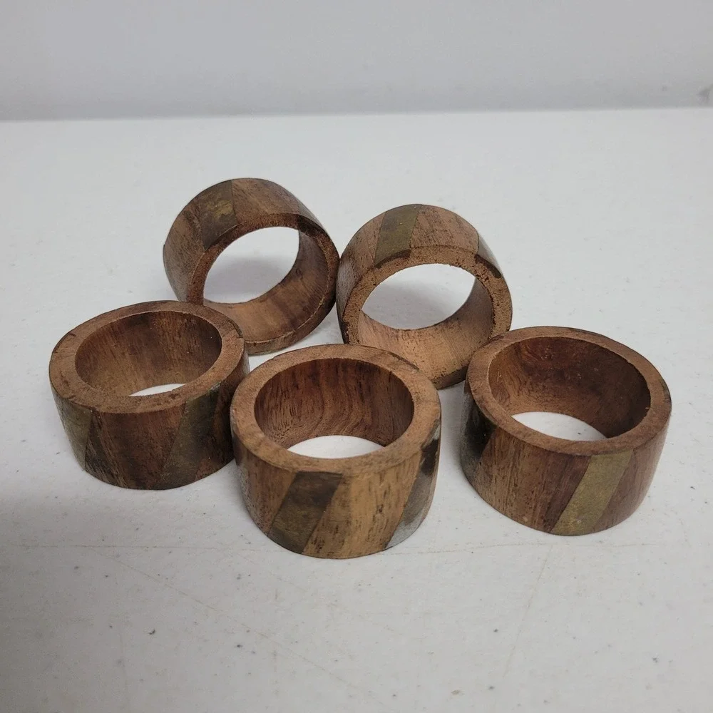 Vintage Wood and Brass Inlay Napkin Rings Set of 5 Brown Gold